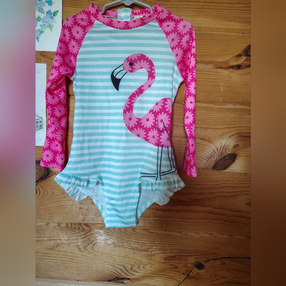 Kids Long-Sleeve Flamingo Rash Guard Swimsuit - Pink & Aqua